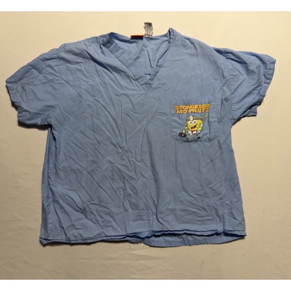 Vintage SpongeBob SquarePants Scrub Top Mens XL Blue Nickelodeon Medical Shirt
